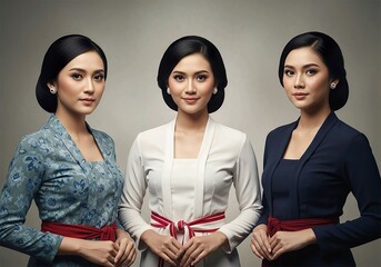 Portrait of Three Elegant Asian Women in Traditional Indonesian Kebaya Attire and Batik Sashes