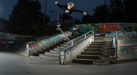A skateboarder in mid-air, captured in a dynamic freeze-frame as they perform a kickflip over a set of stairs.