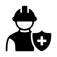 Construction Worker with Hard Hat and Protective Shield Icon. Industrial Safety and Employee Health Insurance.