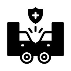 Black Silhouette Icon of Car Accident Collision with Safety Medical Shield. Vehicle Crash and Auto Insurance Coverage Symbol for Road Safety, Traffic Risk Awareness, and Accident Claim Illustration.