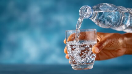 Person is pouring water into a glass. The water is clear and the glass is full. Concept of staying hydrated and the importance of drinking water