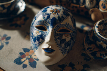 Mask adorned with beautiful Spanish patterns displayed in a flatlay arrangement, showcasing traditional craftsmanship and cultural artistry