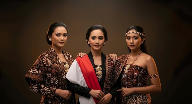 Three Beautiful Indonesian Women in Traditional Batik Attire and Cultural Dress