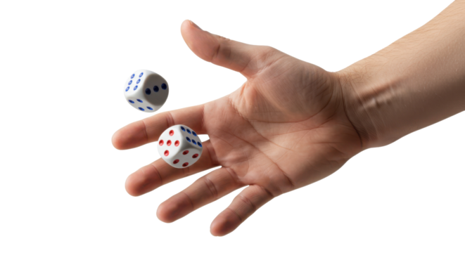 Hand throwing dice in the air isolated PNG with Transparent Background