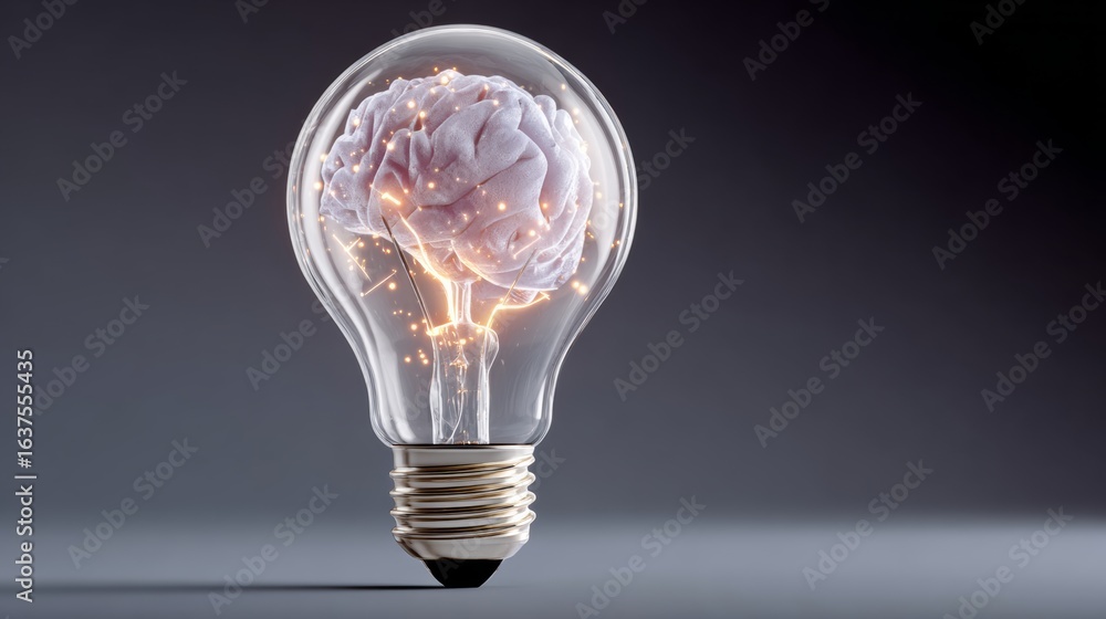 Aufkleber light bulb with a brain inside of it. the bulb is lit up and the brain is glowing. concept of intell