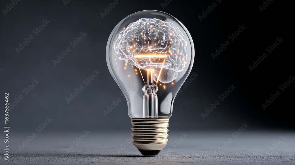 Poster light bulb with a brain inside of it. the bulb is lit up and the brain is glowing. concept of intell