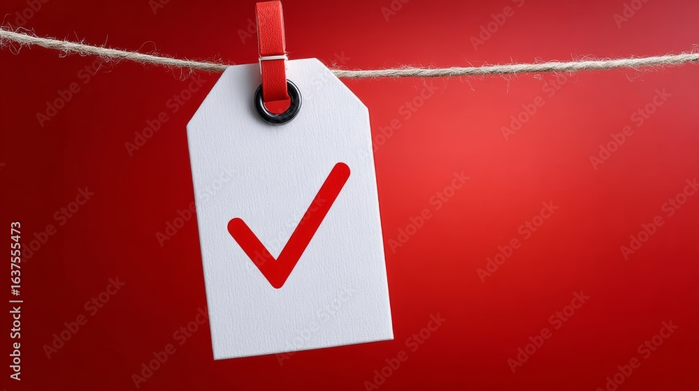 Poster white tag with a red check mark is hanging on a red rope. the tag is attached to the rope and is han