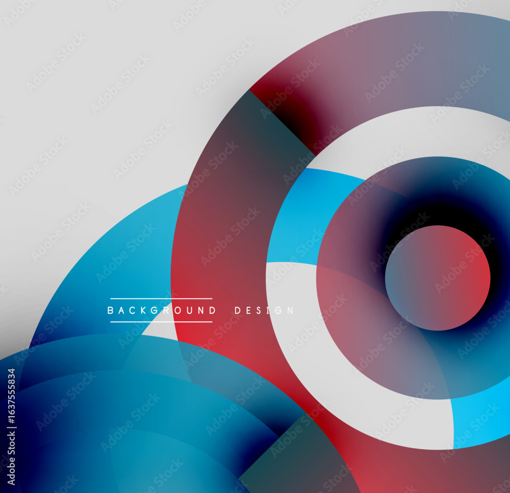 Poster abstract circles overlap, creating dynamic visual effect. blue, red, white hues dominate design. mod