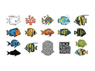 Aquatic Collection: An artist's selection of fish design, offering diverse underwater life illustrations in vivid, eye-catching colors with black print. 