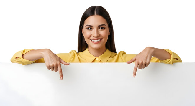 Woman in yellow shirt pointing down at a blank white sign with a smile on face