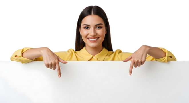 Woman in yellow shirt pointing down at a blank white sign with a smile on face