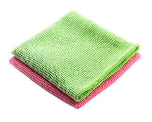 Two microfiber cleaning cloths, one green and one pink, stacked together isolated on transparent background