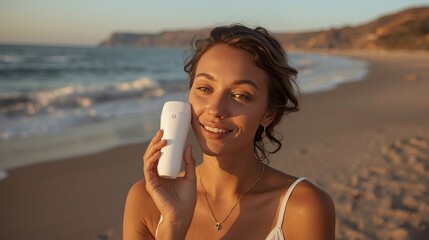 High-quality image of woman applying sunscreen on a sunny beach at sunset