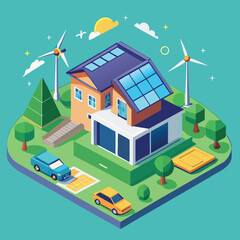 Naklejka premium self sufficient power electric green energy system house home isometric vector illustration 