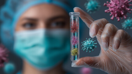 Scientist in protective gear holding test tube with colorful virus models, surrounded by floating virus particles, the importance of research in combating infectious diseases and public health