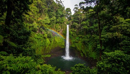 Waterfall cascading into a lush jungle pool, sunlight creating a rainbow through the mist