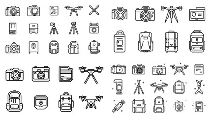 Minimalist line icons of photography and drone equipment including cameras, tripods, drones, backpacks, and accessories, perfect for creative and travel designs.

