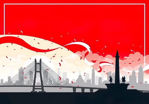Vibrant Indonesian Independence Day Celebration with City Skyline and Landmarks