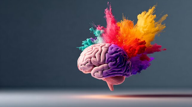 Colorful brain with a rainbow explosion surrounding it. The brain is surrounded by a burst of colors, which gives the image a sense of creativity and imagination
