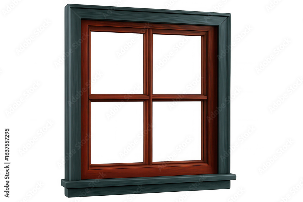 Poster weathered wooden window frame in red and green, showcasing rustic texture against transparent backdr