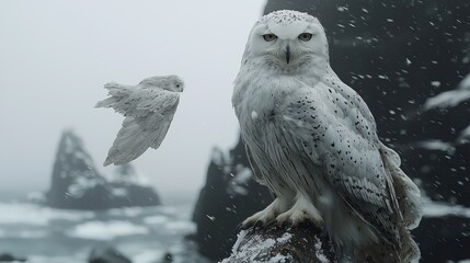 Snowy owl, perched on a rock, with a smaller owl in flight, during a blizzard
