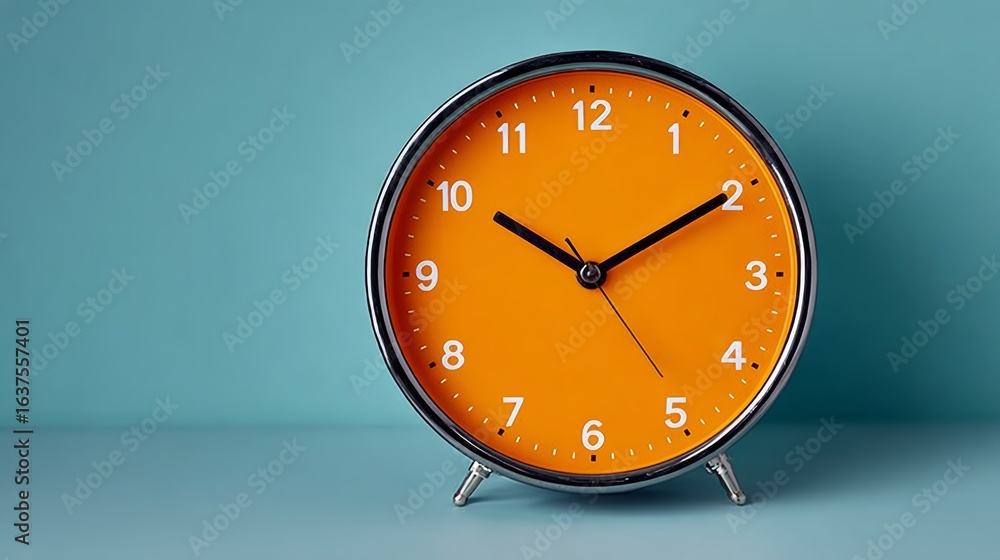 Poster large orange clock with the hands at 3:00 and 9:00. the clock is on a blue background