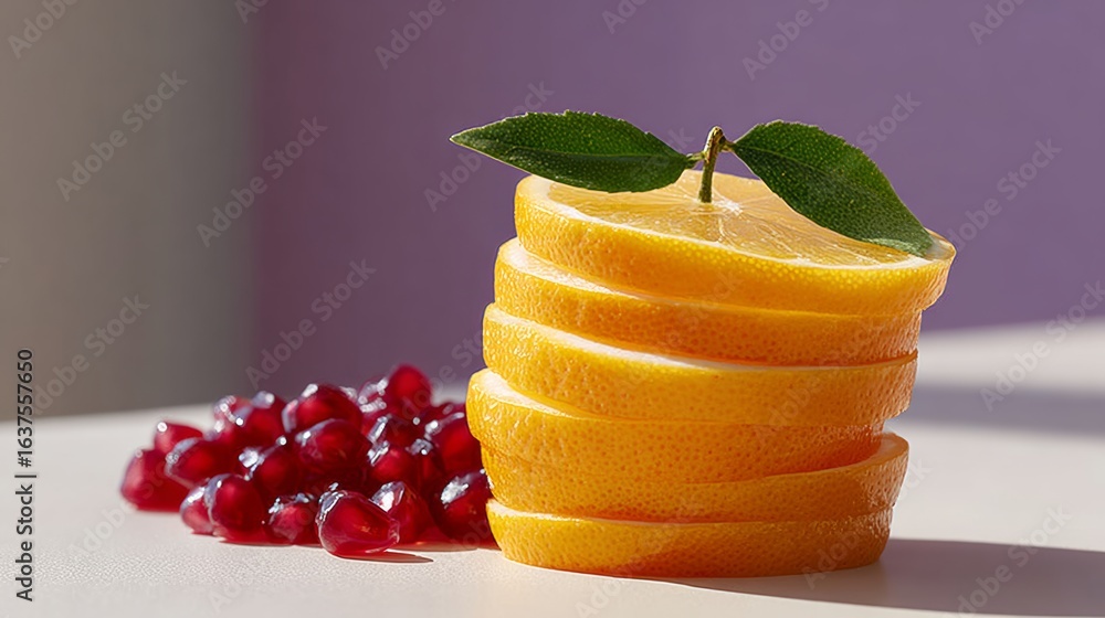 Poster pile of oranges with a leaf on top. the oranges are sliced and arranged in a pyramid shape. concept 