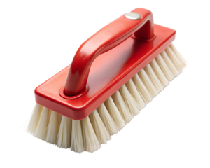 Red scrubbing brush with stiff bristles and handle for cleaning surfaces isolated on transparent background