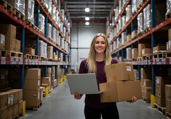 A smiling small business owner manages online orders in a busy warehouse surrounded by stacked packages Small Business Warehouse Management and Order Fulfillment