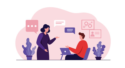 Illustration of a conversation between two people with speech bubbles and plants