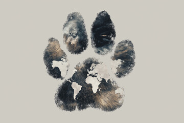 Stylized animal paw print with world map inside/animal day