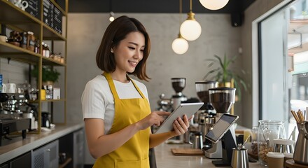 Young Barista Woman checking order in tablet in a cozy cafe environment Best For training, coffee barista work