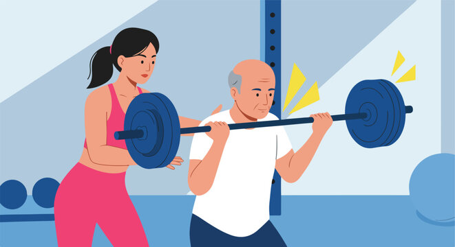 Elderly man lifting weights with coach for exercise and fitness at gym setting