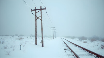Railroad tracks and telephone poles in a snowy winter landscape