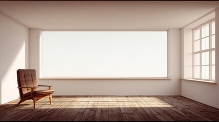 Empty living room featuring a mid-century modern chair, bathed in soft natural light for a serene and inviting atmosphere.