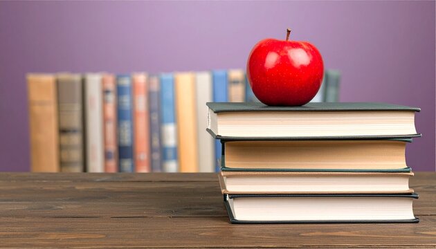 Red apple on stack of books representing education and learning