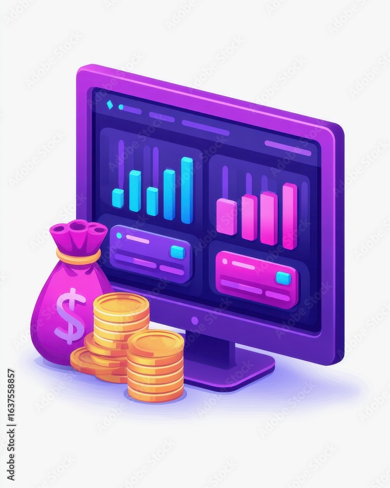 Poster e wallet integration concept. digital illustration of a computer displaying financial graphs with mo