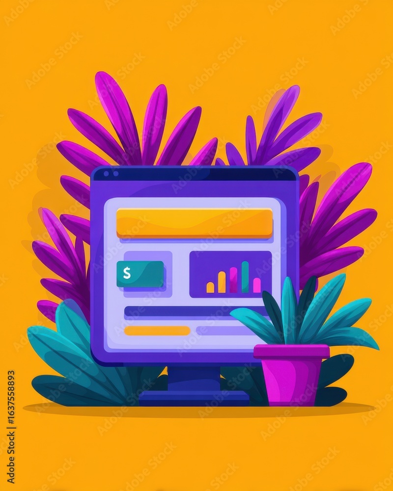 Poster e wallet integration concept. a colorful digital illustration of a computer surrounded by vibrant pl