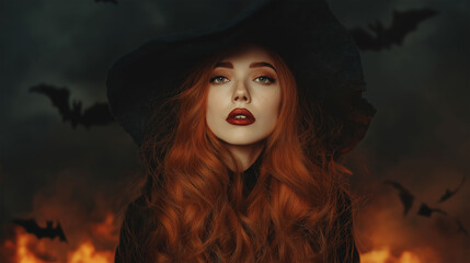 Enchanting Witch Portrait: A captivating young woman, adorned in a classic witch hat and cloak, her fiery red hair cascading against a backdrop of swirling, ominous clouds and flickering flames.