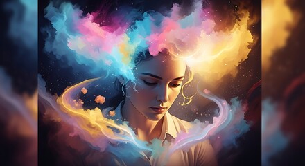 Fototapeta premium Woman with Colorful Mind Clouds and Stars, Creative Concept