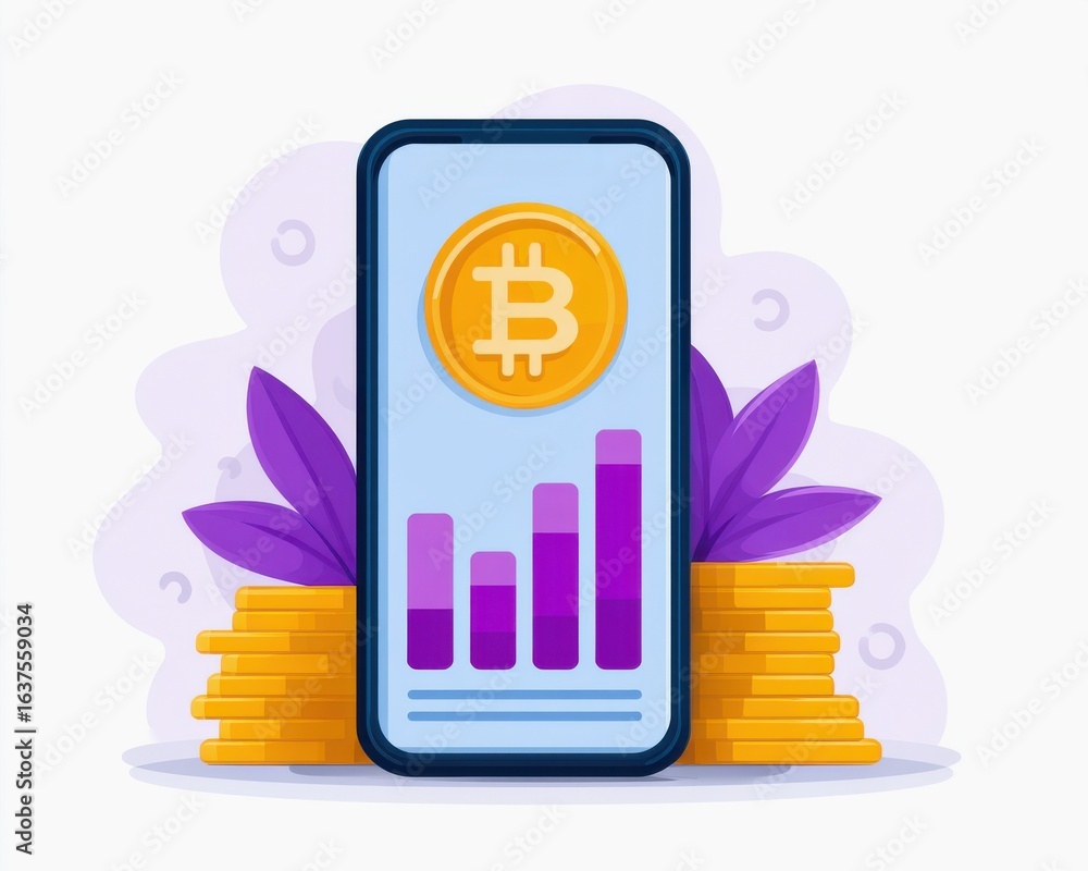 Poster e wallet integration concept. mobile phone displaying bitcoin trends with coins and leaves in the ba