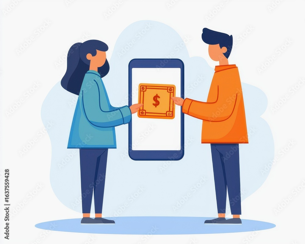 Poster e wallet integration concept. two people exchanging money via a mobile phone in a digital transactio