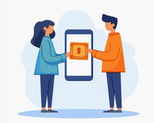 E wallet integration concept. Two people exchanging money via a mobile phone in a digital transaction.