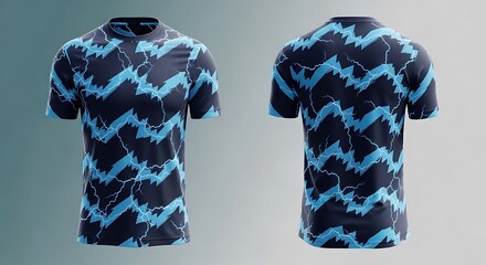 A vibrant blue and black lightning bolt patterned t-shirt presented in a mock-up, ideal for sports apparel marketing, An eye-catching mock-up of a sporty t-shirt design featuring lightning bolts