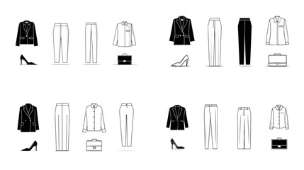 Minimalist vector icons of women&rsquo;s office outfits including blazers, trousers, blouses, heels, and handbags, perfect for corporate fashion and workwear designs.

