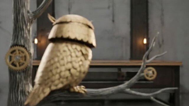 Animated Steampunk Owl Perched on Branch with Glowing Mechanical Eyes