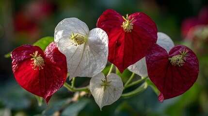 Close-up of heart-shaped flowers in vibrant red and white.