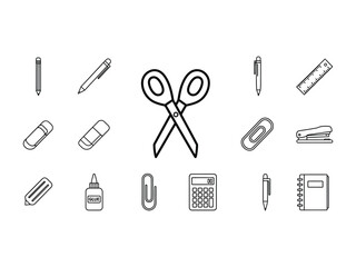 Essential Office Tools: A collection of neatly organized office supplies, including a pair of scissors, pen, notebook, and ruler, perfect for creative and office work.