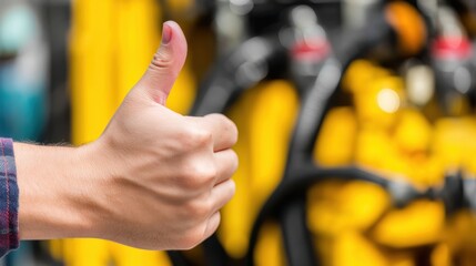 Fototapeta premium Celebrating success worker thumbs up at construction site industrial environment positive vibes upbeat perspective