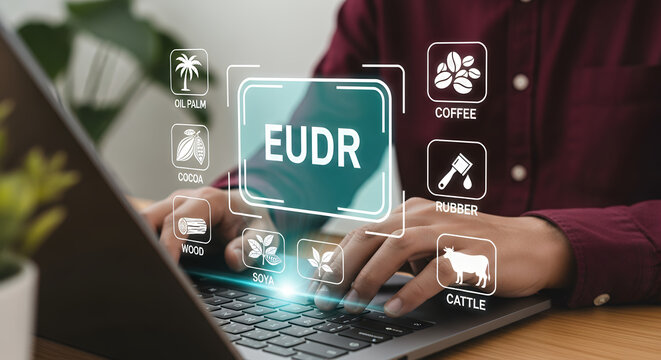 Implementation of the EU Deforestation Regulation (EUDR) concept. Using laptop with icons of regulated commodities; oil palm, soya, wood, cocoa, coffee, cattle, rubber. Traceability, sustainability.